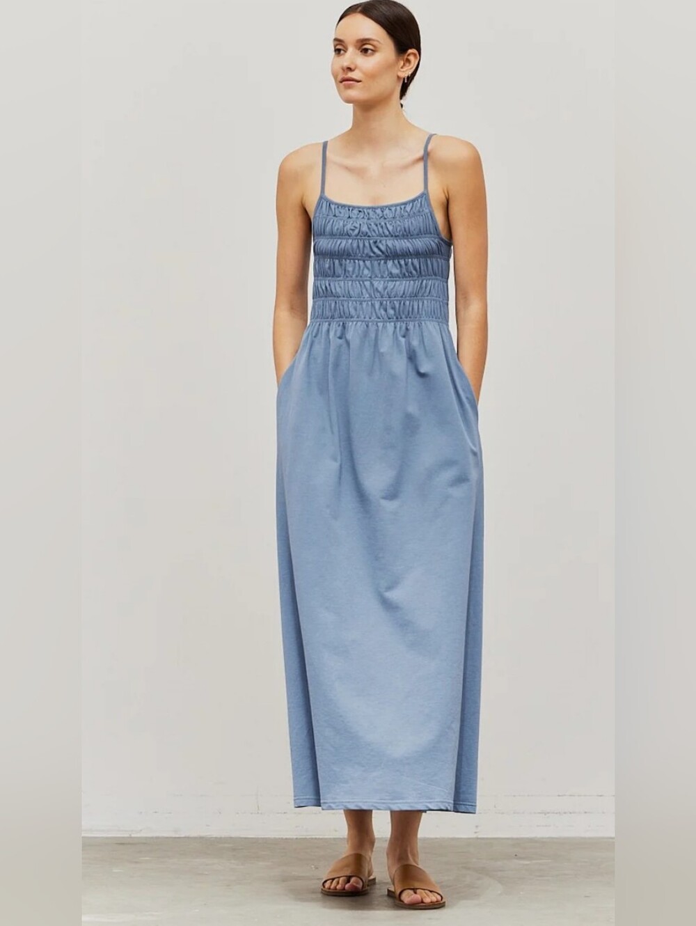 Grade & Gather Cotton Dress Blue S Ruched